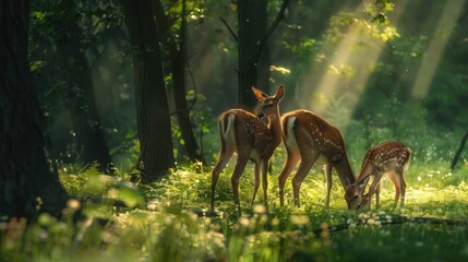 Fototapeta premium A family of deer grazing peacefully in a sun-dappled clearing of the forest.