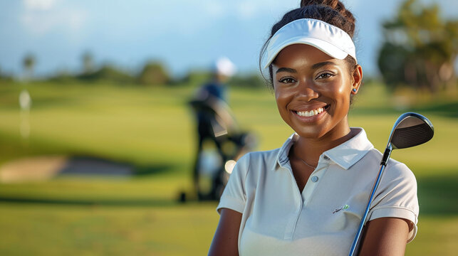 portrait of smiling young black female golf player in golf course on a sunny day
