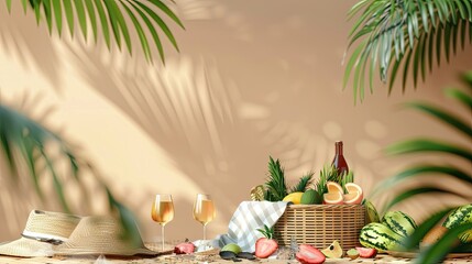 summer background with a wicker basket filled with fruit and wine glasses, accompanied by a straw hat, against a white wall, with a green watermelon in the foreground - Powered by Adobe