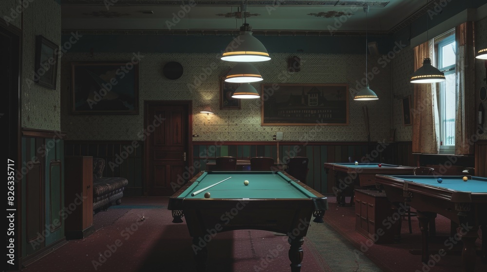 Poster A pool table in a well-lit room, suitable for various concepts and designs