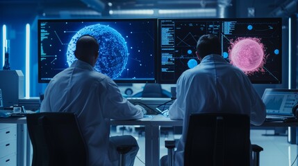 Scientists working at two monitors in a futuristic lab or office. Developers writing code in the evening. Computer engineers creating neural networks.