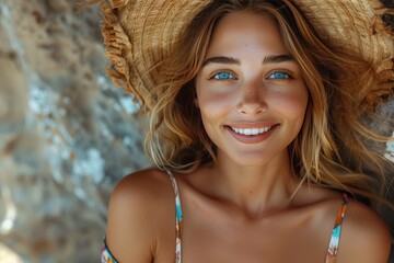 Portrait of stylish woman with white straw hat standing at beach. Young smiling woman on vacation enjoy sea breeze wearing straw hat and looking at camera. Attractive beautiful girl.