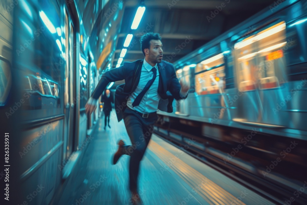 Aufkleber a man in a suit running on a subway platform. suitable for transportation concepts