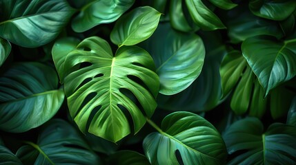 Fototapeta premium Lush Tropical Foliage: A Vibrant Display of Natural Green Leaves - A Raster Background for Nature Enthusiasts