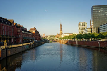 Scenic river and buildings in Hamburg, Germany
