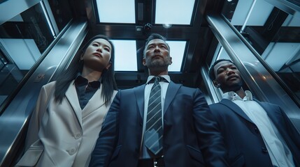 Several diverse multiethnic people ride elevators to work in a modern business center. Arab investors, black Latin American managers, Japanese specialists, and Caucasian businessmen ride lifts.