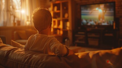 Obraz premium A young boy watching TV in a warm, lit living room, feeling proud when his favorite soccer team wins. Concept of a happy childhood.