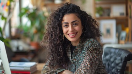 Picture of a beautiful middle eastern manager sitting at a desk in a creative office. Young stylish female with curly hair celebrating her achievement.