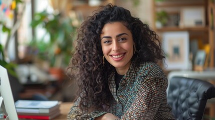 Picture of a beautiful middle eastern manager sitting at a desk in a creative office. Young stylish female with curly hair celebrating her achievement. - Powered by Adobe