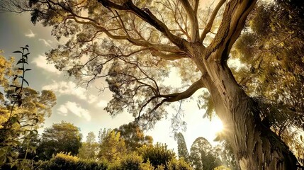 Naklejka premium A towering tree stands alone amidst a dense forest, bathed in golden sunlight filtering through its verdant foliage, against a backdrop of azure sky