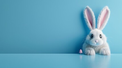 The Easter bunny peeks through the blue wall. A 3D rendering of the scene