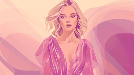 Fototapeta premium illustration of blonde woman wearing a mauve dress on pink background