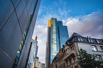 And tall buildings line the street on a cityscape: Frankfurt