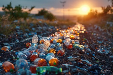 Heap Of plastic bottles Tossed Into Landfill. Environmental pollution. Plastic bottles, thrown away by a man, lie on the ground in the forest for a long time. Garbage heaps in nature after man