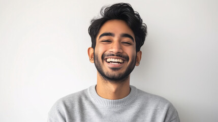 Happy Young Man with Beard and Gray Sweater Smiling Joyfully Against White Background