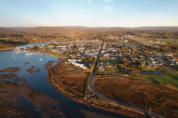 Aerial view of Saint Helens and distant hills. Tasmania, Australia
