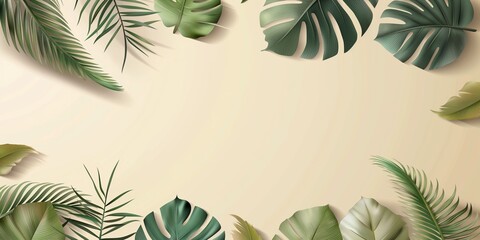 Elegant summer sale banner with green tropical leaves and free space for product placement or advertising text.