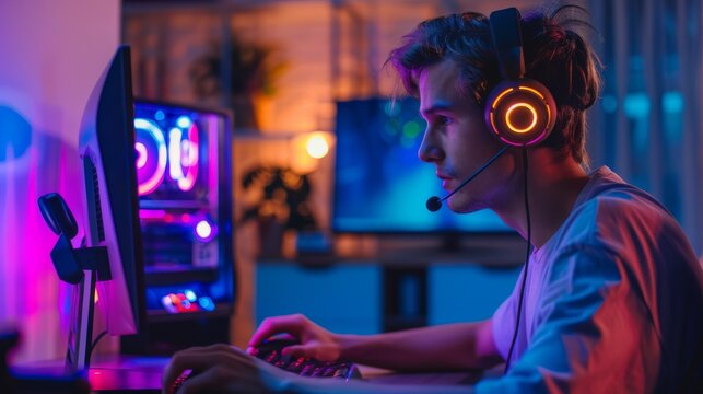 An online video gamer with a headset playing on a personal computer, giving commands to other players. Room and computer have neon lights.