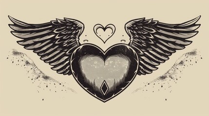 Bohemian blackwork heart tattoo with wings and dotwork Mystical love symbol design for t shirt poster textile