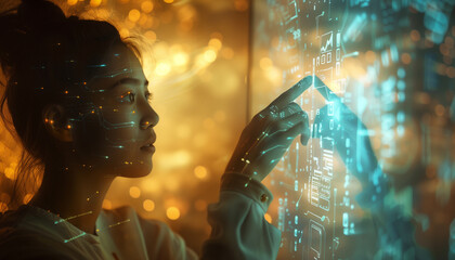 Woman pressing icon on a glowing virtual screen - ai generative