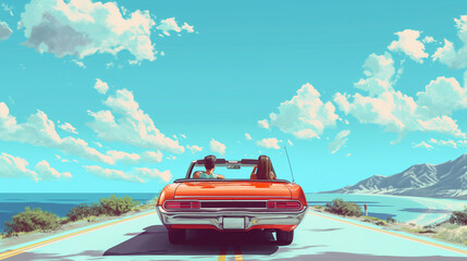 A young married couple in a red classic convertible car driving along the road near the ocean coast. Summer road journey with  a panoramic view.