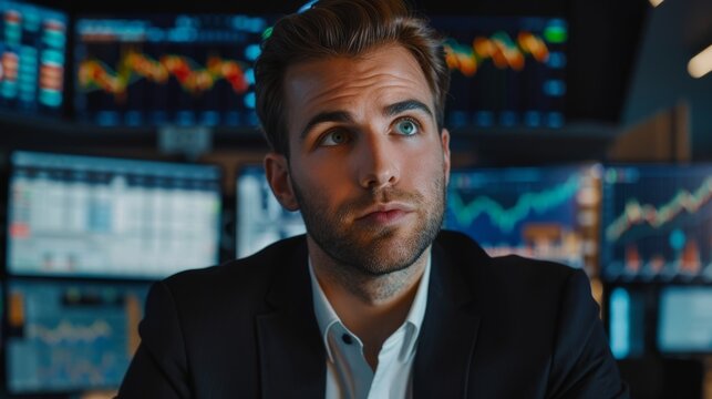 The Stock Market Trader appears charismatic and talks into the camera while computer screens behind him display data and graphs related to the stock market. - Powered by Adobe