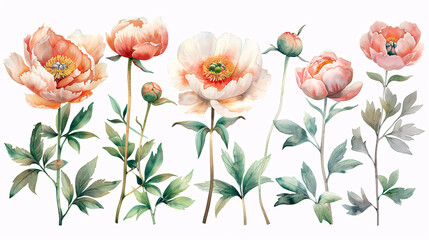 Watercolor illustration of pink peonies and buds, ideal for celebration and garden-themed designs, isolated on white background