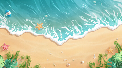 Top view illustration of a sandy beach with sea waves. Summer advertising banner mockup with space for product placement or promotional text.