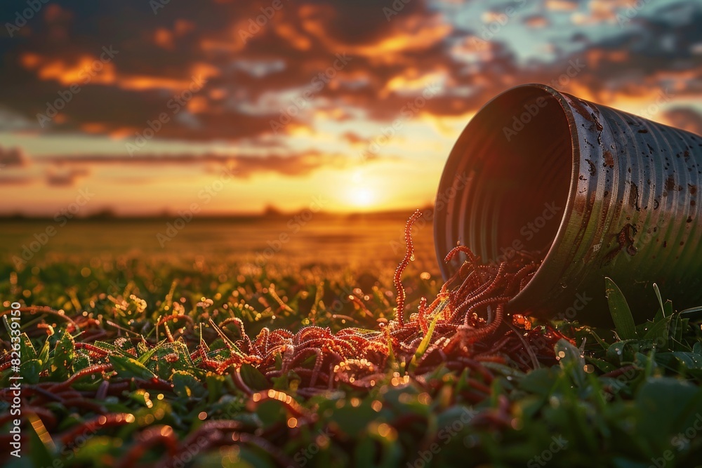 Poster a trash can sitting on a lush green field. suitable for environmental concepts