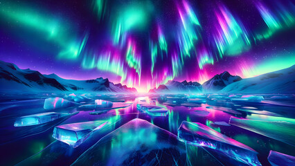 Enchanting Northern Lights Over Icy Landscape A Mesmerizing Display of Aurora Borealis Reflecting on Frozen Lake Surrounded by Snow-Capped Mountains and Glowing Icebergs - Captivating Nature's Marvels