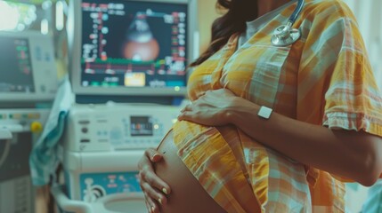 Fototapeta premium In the hospital, an ultrasound or sonogram scan of a pregnant women's belly is performed by an Obstetrician, using a transducer, from a high angle.