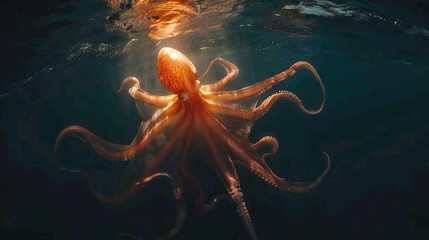   An octopus gracefully floats atop water by positioning its head above the surface