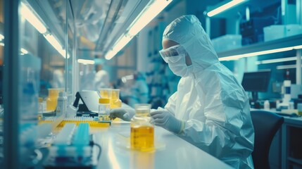 A scientist wearing sterile protective clothing works on a modern industrial 3D printing machine involved in pharmaceutical, biotechnological and semiconductor manufacture and production.