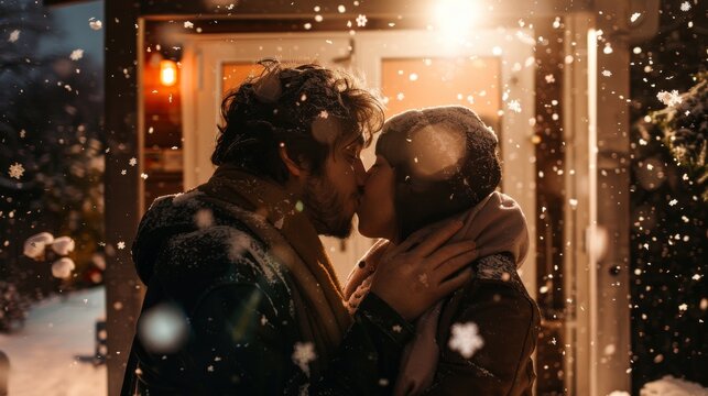 A young happy couple kisses as snow falls romantically in the back yard of their idyllic house. Happy young people in the wintertime.
