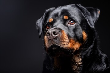 Obraz premium In a studio photo portrait, a majestic Rottweiler is captured looking up at the camera with a dignified yet affectionate expression. 