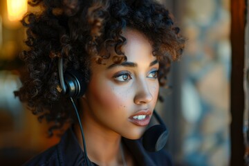 Closeup of a pensive woman with curly hair wearing a headset with a microphone, deep in thought