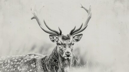 Black and white photo of a majestic deer with antlers. Suitable for nature and wildlife themes