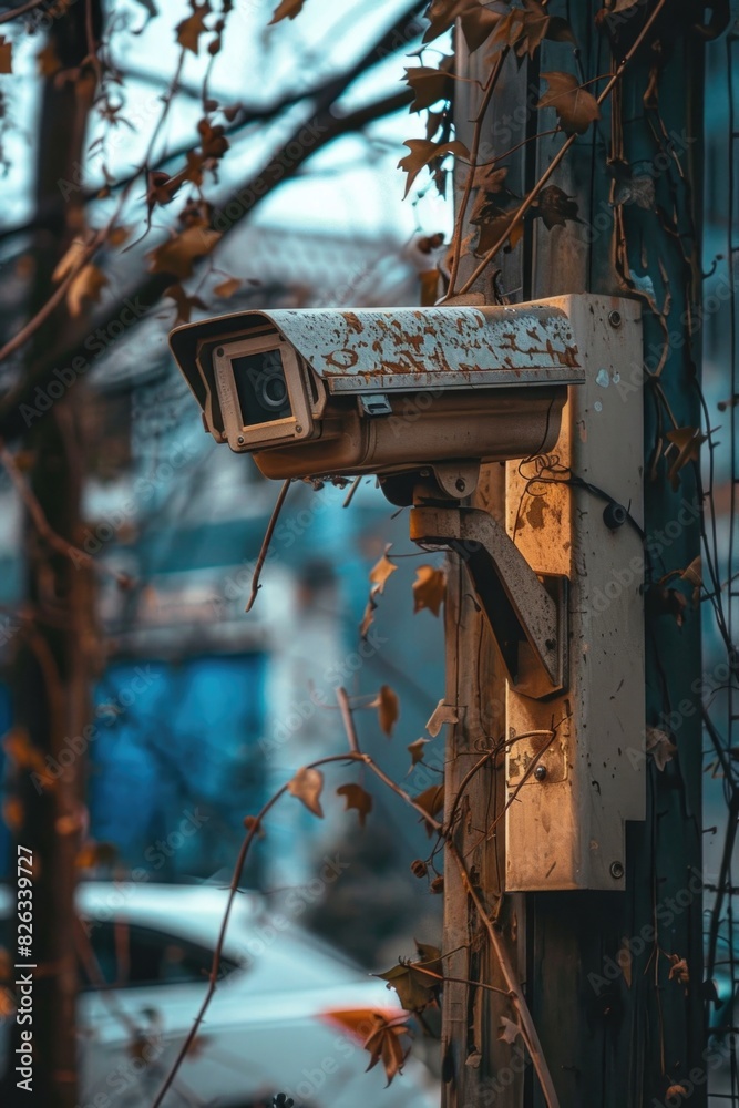 Poster A camera attached to a pole next to a tree. Suitable for surveillance or nature monitoring