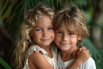 Two happy smiling children little girl and little boy in white summer clothes hugging in tropical green house among palm leaves. Friendship, linen clothing, environmental friendliness.