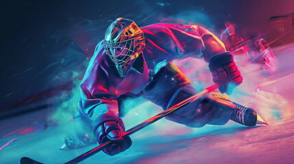 In motion, hockey goalkeeper on ice in pink and purple lighting.