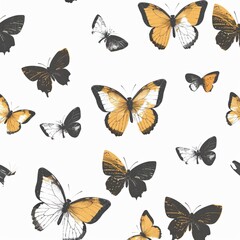 Various types of butterflies on white background, seamless pattern, minimalist style, flat lay