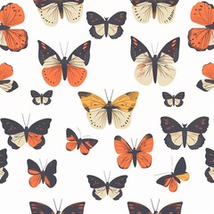Various types of butterflies on white background, seamless pattern, minimalist style, flat lay