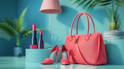 A fashion accessory bag, high heels, lipstick in a bag. A 3D rendering of a fashion accessory bag.