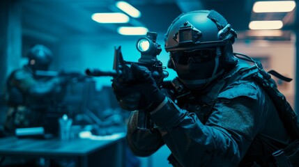 Soldiers with rifles and flashlights move forward and cover the surrounding area as SWAT police officers in masks storm a dark seized office building with computers and desks.