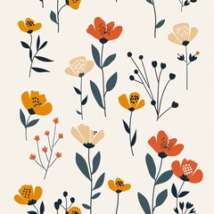 Naklejka premium Various types of colorful flowers on white background, seamless pattern, minimalist style, flat lay