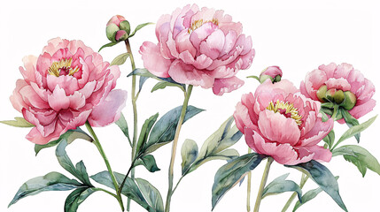 Watercolor illustration of pink peonies and buds, ideal for celebration and garden-themed designs, isolated on white background