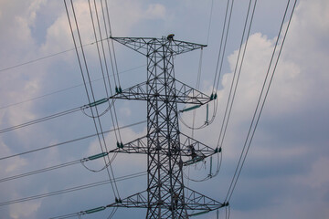 Male electrician work on high ground heavy industry concept. Construction of the extension of high voltage in high voltage stations