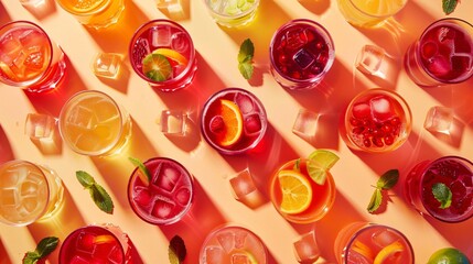 Top view of refreshing cocktails on pink background arranged as a pattern
