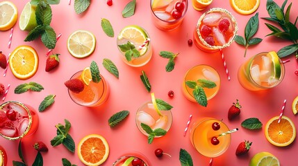 Top view of refreshing cocktails on pink background arranged as a pattern
