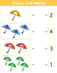 Counting educational children game. Math kids activity sheet. How many counting game with cute umbrella illustration.